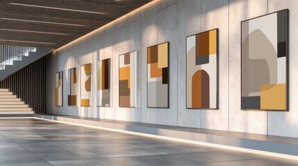 Naklejka premium A modern gallery displays abstract art pieces with earthy tones in a spacious, well-lit area