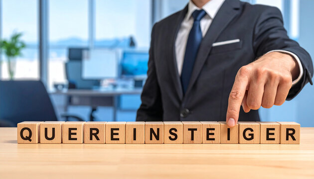 Quereinsteiger - Geschäftsmann zeigt auf den Text "Quereinsteiger"