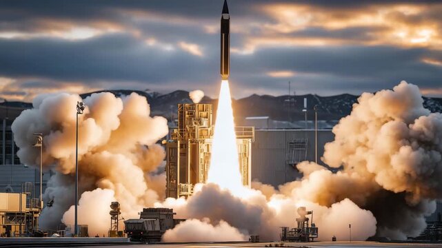 Dynamic launch moment showing a hypersonic missile emerging from a reinforced underground silo, protective blast doors open while flames and vapor surge outward, missile climbing r