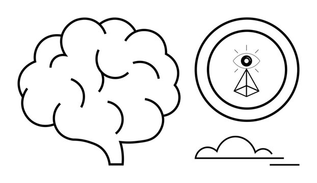 Knowledge, psychology, insight, mindfulness, perception, self-awareness. Brain illustration, eye in pyramid icon minimal cloud line art. Knowledge and psychology concepts highlighted