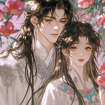 An illustration of an anime couple in traditional Chinese clothing with pink flowers background