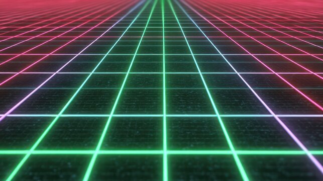 Fluorescent neon grid lines recede towards a vanishing point on a dark, textured plane
