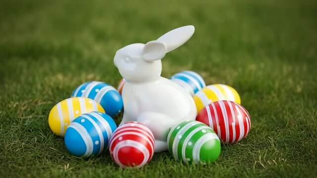 White bunny figurine with colorful Easter eggs on grass