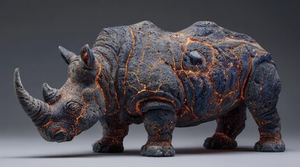 Fototapeta premium A sculpture of a rhinoceros sits on a flat surface. The artwork features rough textures with cracks and bright colors. The background is simple and does not draw attention away from the sculpture.