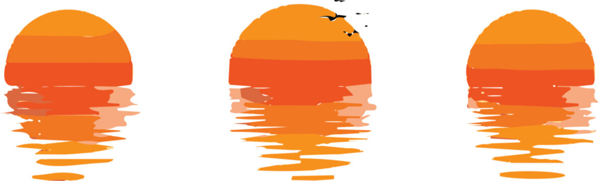 Set of Minimalist Sunset Illustrations with Reflections and Birds in Silhouette for Nature, Travel, and Scenic Design Projects