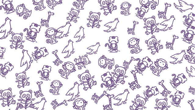 Animal doodle outlines of panda, tiger, and monkey in purple tones, creating whimsical designs for childrens books or products.