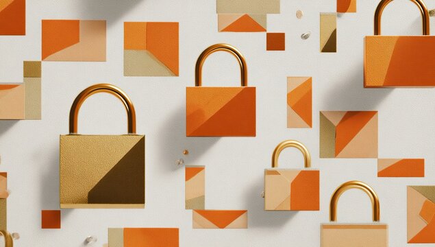 Geometric pattern of golden padlocks and abstract shapes