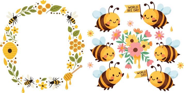 Cute Bee Characters and Floral Wreath Vector Set for World Bee Day Celebration