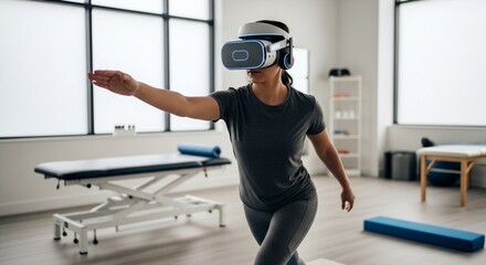 Fototapeta premium Woman exercising using virtual reality headset and technology in a physical therapy clinic setting