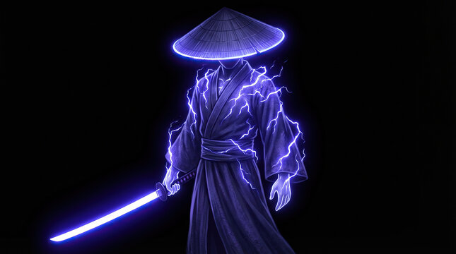 Warrior with electric sword and glowing blue energy surrounded by lightning black background sword fighting sci fi digital art lightning