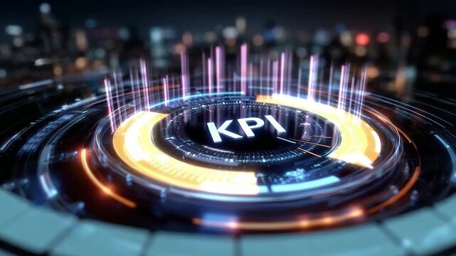 Futuristic data visualization showing a KPI acronym at the center with 3D floating icons for performance metrics orbiting dynamically, curved neon lines representing measurement an
