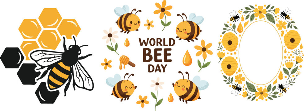 World Bee Day Vector Collection with Cute Honey Bee, Hexagon Honeycomb, and Floral Frame for Spring Celebration