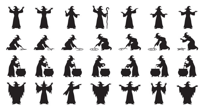 Witchcraft Ritual Scenes Silhouettes Set Pack Editable Vector Stroke Illustration. featuring more wizard, silhouette, magic, sorcerer, vector, collection, illustration, cauldron, potion silhouettes.