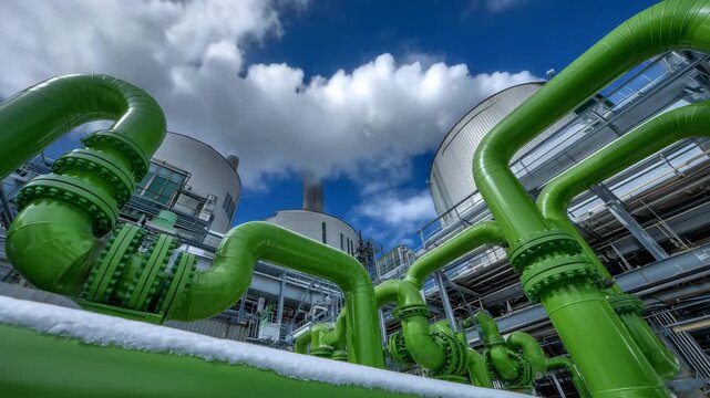 Green-painted industrial pipelines interconnected with valves and flanges, steam gently escaping into the sky, chemical plant exterior with large tanks and towers, bright daylight