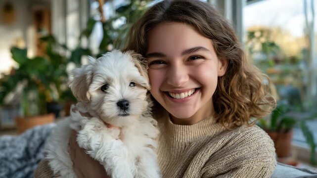 Happy young woman laughing while petting a small fluffy puppy on her lap, bright morning light streaming through a window, indoor plants and soft throws in the living room, close f