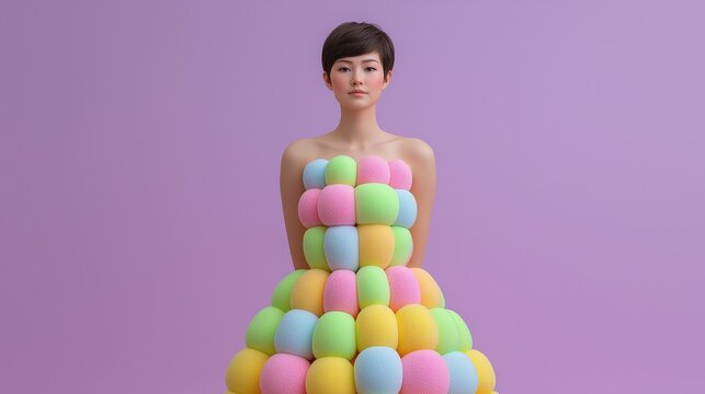A model wears a unique spherical textured dress against a solid lilac background. Perfect for creative art projects and modern fashion blogs.