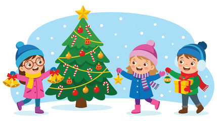 Fototapeta premium Children decorating Christmas tree with ornaments and bells.