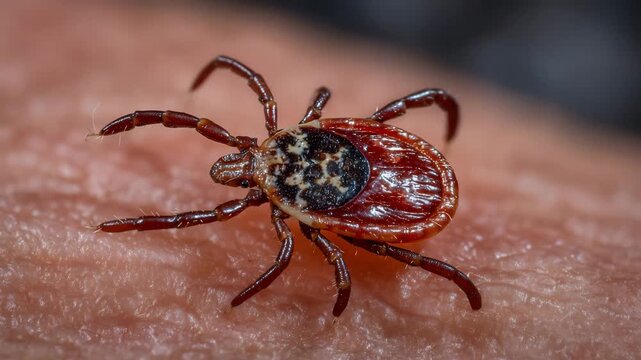 High-detail macro close-up of a single tick on a bright, even skin-toned surface, arachnid&rsquo;s eight legs and delicate body hairs in razor-sharp focus, subtle natural shadows adding