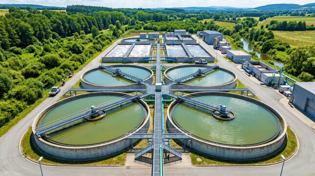 Aerial view of modern wastewater treatment facility with circular clarifier tanks and filtration basins, municipal sewage treatment infrastructure for water purification, sanitation engineering and en