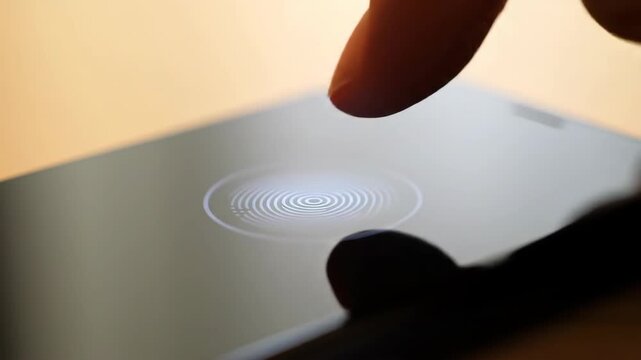 Biometric authentication: Finger pressing glowing fingerprint sensor on dark display
