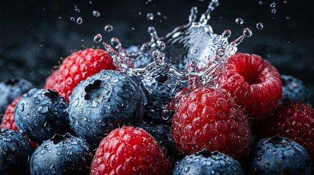 Extreme close up of fresh berries with water splashes on dark background for food packaging design