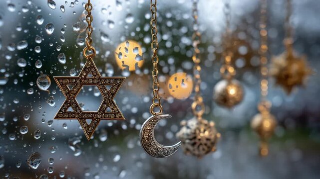 Interfaith representation with cross, six-pointed star, and crescent moon hanging on chains against a rainy glass window, water droplets in sharp focus, soft diffused light casting