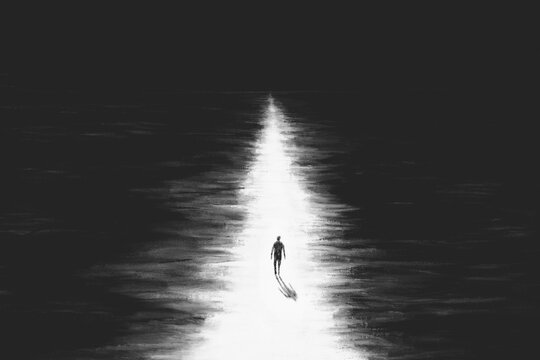 Illustration of Solitary Figure on Night Beach Between Two Seas &ndash; Abstract Monochrome Scene