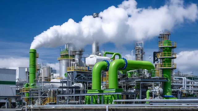Industrial green pipe system with multiple valves, steam rising into a vivid blue sky, chemical plant exterior with metal frameworks and tanks, sunlight reflecting off pipes and pl