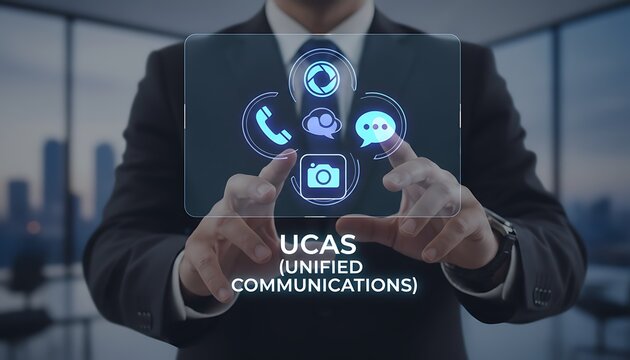 Businessman interacting with digital communication icons UCAS (Unified Communications).