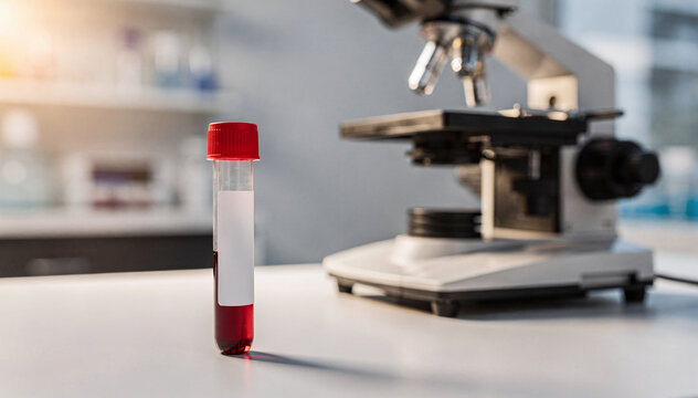 A red-capped test tube containing a blood sample stands prominently on a white lab counter, with a blurred modern microscope in the background