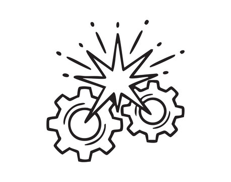Metal gears striking generate bright spark and mechanical motion, engineering concept sketch showing collision, industrial innovation, workshop energy and problem solving mood, precision components