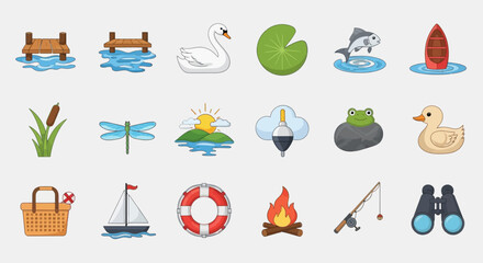 Collection of lake and pond nature icons for outdoor recreation and fishing © Doni