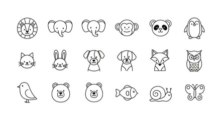 Collection of cute animal face icons in minimalist black and white line art style © Doni