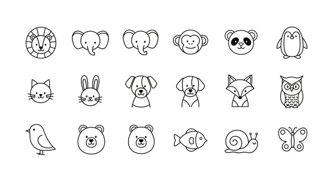 Collection of cute animal face icons in minimalist black and white line art style