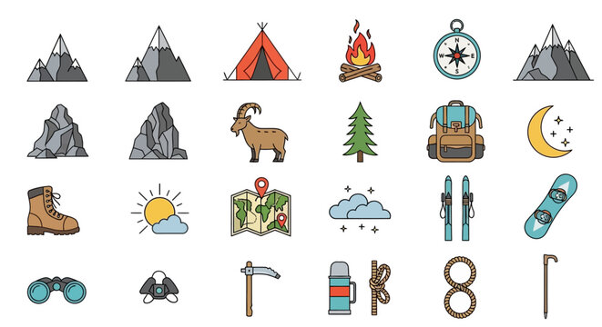 Vector set of mountain hiking and outdoor adventure equipment icons