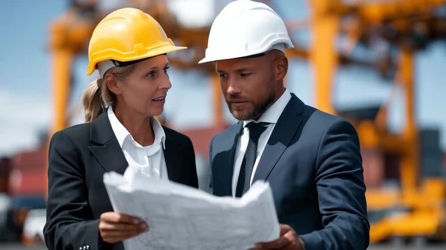 Male and female engineers in hard hats inspecting detailed blueprints at a large industrial construction site, steel beams and heavy cranes visible, bright daylight highlighting th