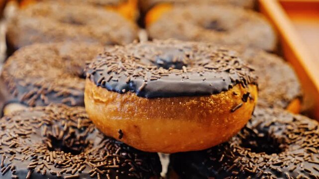 Chocolate glazed donuts with dark chocolate icing and sprinkles stacked in bakery tray. Close-up view of sweet dessert pastries in shop window or cafe counter, food service background.