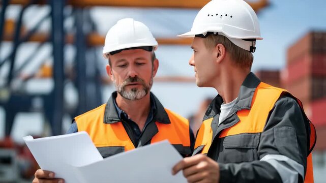Male and female engineers wearing hard hats and reflective safety vests, closely reviewing large blueprints at an industrial construction site, cranes and steel structures in the b