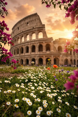 Obraz premium Colosseum in Rome with wildflowers and bougainvillea at sunset