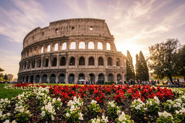 Fototapeta premium The Colosseum in Rome with flowers in the foreground at sunset
