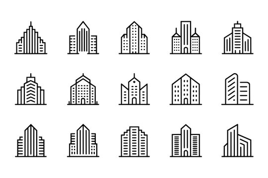 Selection of minimalist architectural building icons representing urban skyscrapers. Clean outline design elements for real estate and city planning projects.