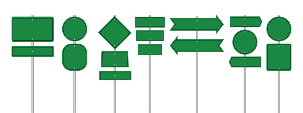 Set of road signs isolated on a white background. Green traffic signs. Directional signs. Realistic style. Vector illustration.