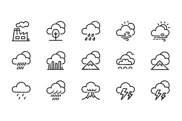 Obraz premium Weather forecast icon set with climate symbols including rain, wind, lightning, and fog for environmental design