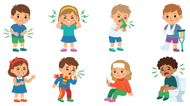 Sick children illustrations showing various illnesses and injuries.