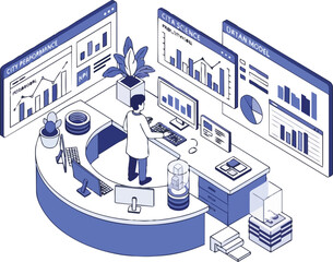 Obraz premium Isometric Data Scientist Analyst Working with Big Data Dashboards and City Performance Analytics Illustration