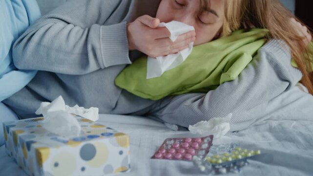 Young woman suffering from a cold, lying in bed with tissues and pills, sneezing and feeling unwell