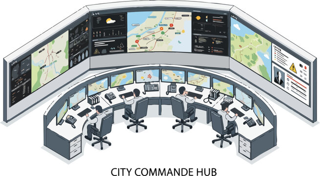 Isometric Illustration of a Smart City Command Hub and Data Control Center