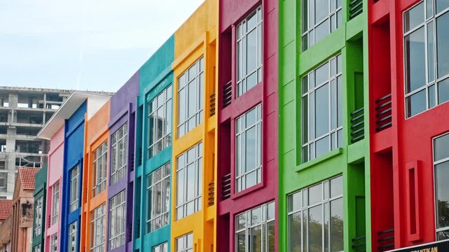 Shophouses standing at Malacca Strait Gateway, multicolored facade, modern urban architecture, commercial real estate development, Melaka city landmark, Malaysia tourism and construction.
