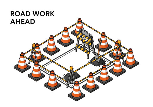 Road Work Ahead Isometric Vector Illustration with Traffic Cones and Barriers