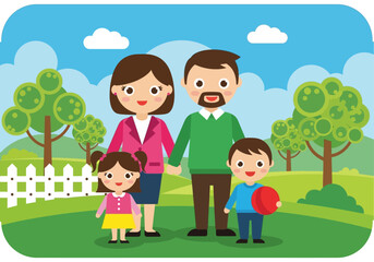 Obraz premium Happy Family of Four in Park Vector Illustration - Parents with Son and Daughter Outdoors